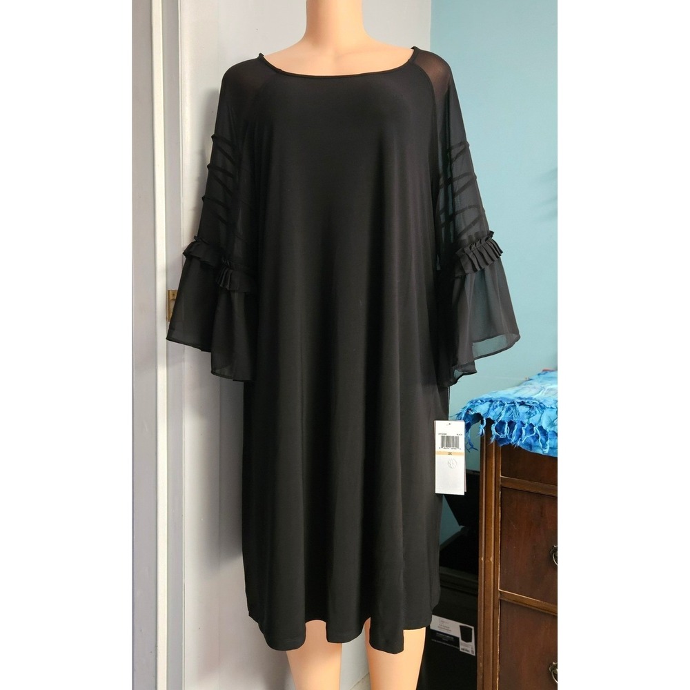 Nina Leonard Shift‎ Dress Womens 2X Black Miracle Matte Sheer Ruffle Sleeve